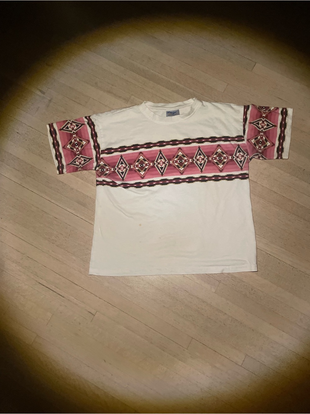 Unique Vintage White Tee with Pink Aztec Stripe